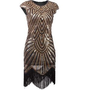 Gatsby flapper Fringe dress black and gold sz L